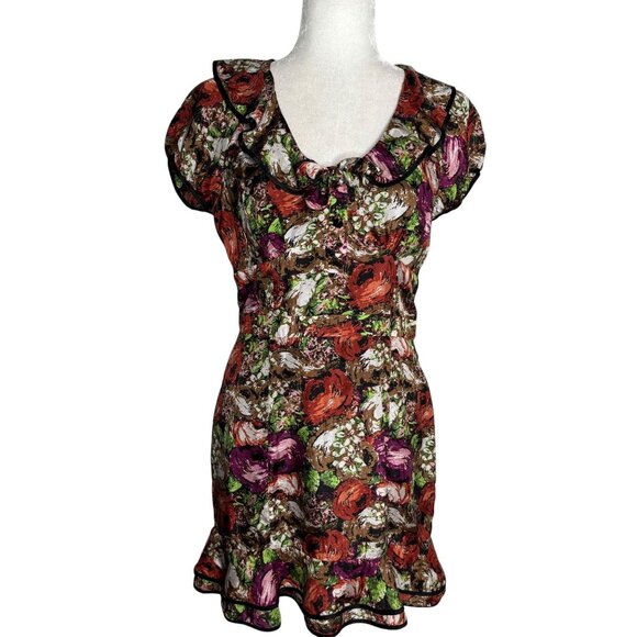 Twelve by Twelve Floral Silk Dress Ruffled Collar Small Multicolor Side Zipper - Picture 1 of 7